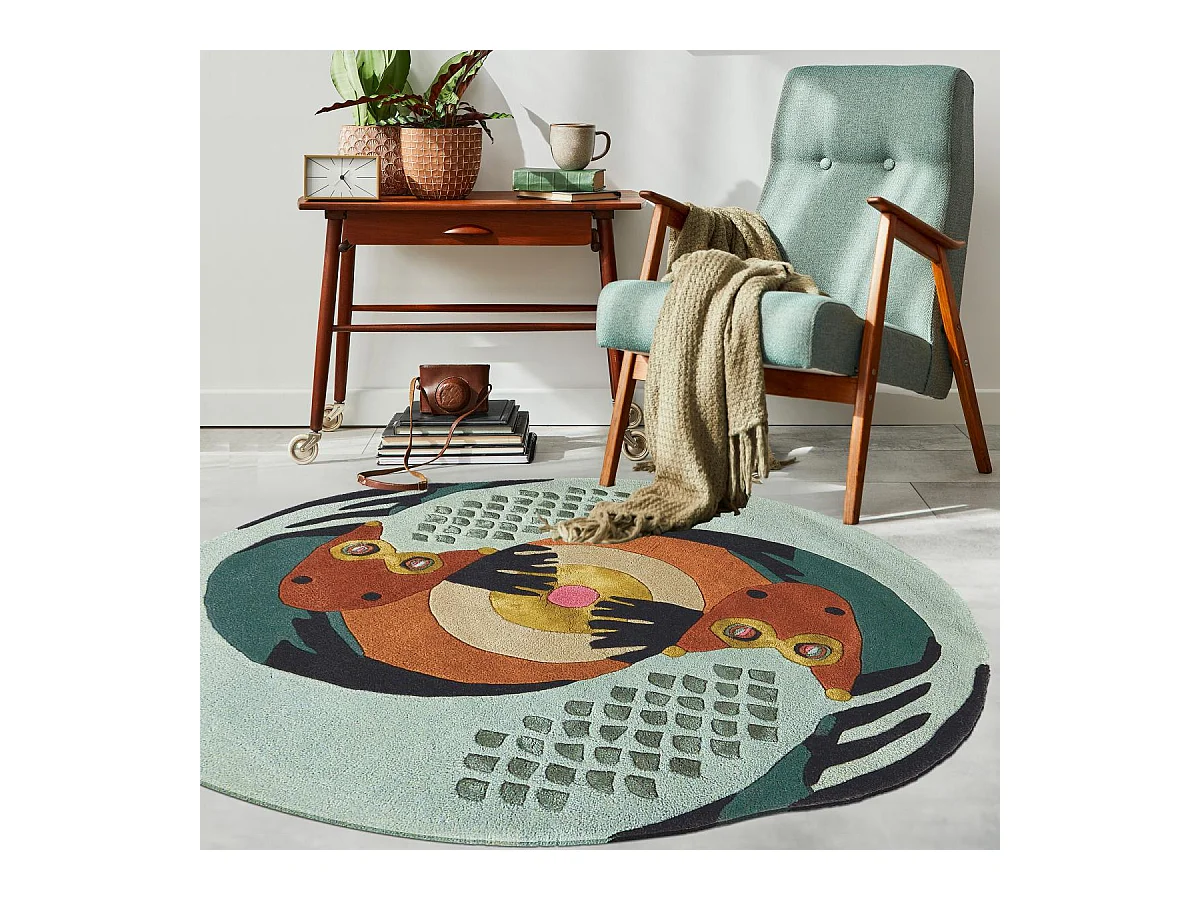 tapis entrée 100x100 fait à la main en laine multicolore motif fresque