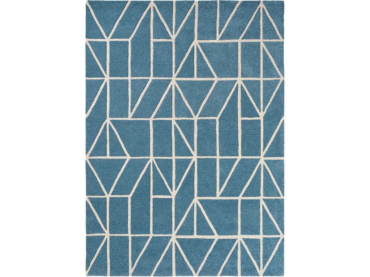 tapis grand salon 250x350 fait à la main en laine bleu rectangle motif abstrait