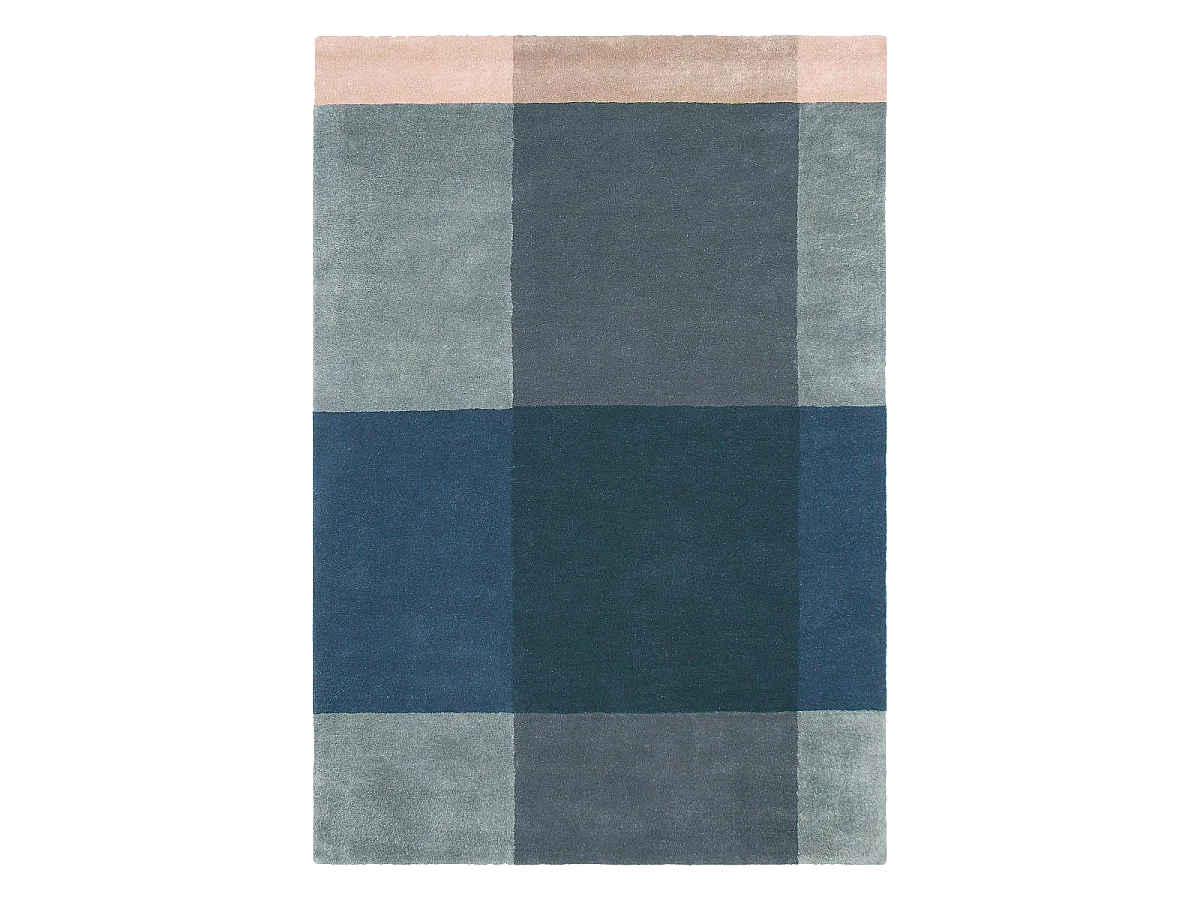 tapis chambre 170x240 fait à la main en laine bleu et gris motif seventies