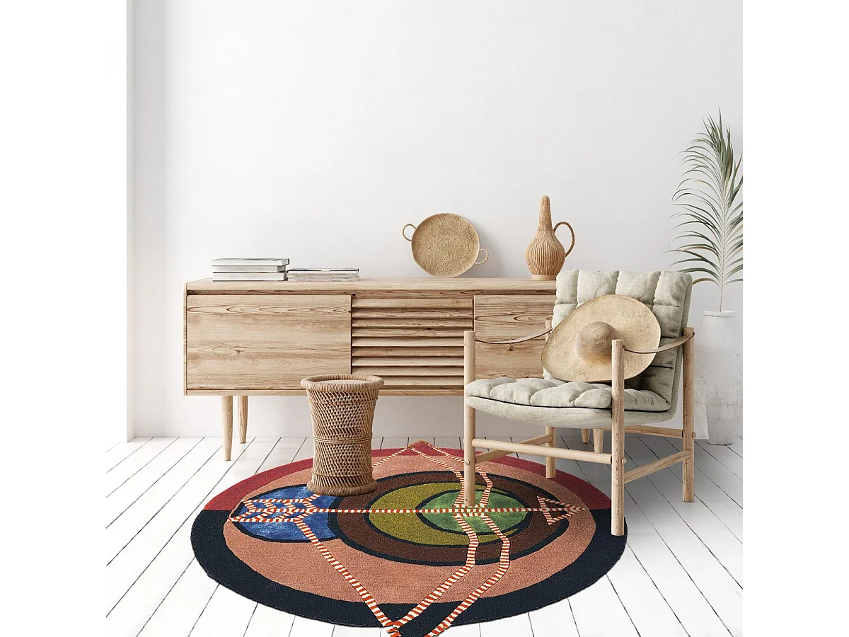 tapis entrée 100x100 fait à la main en laine multicolore motif fresque