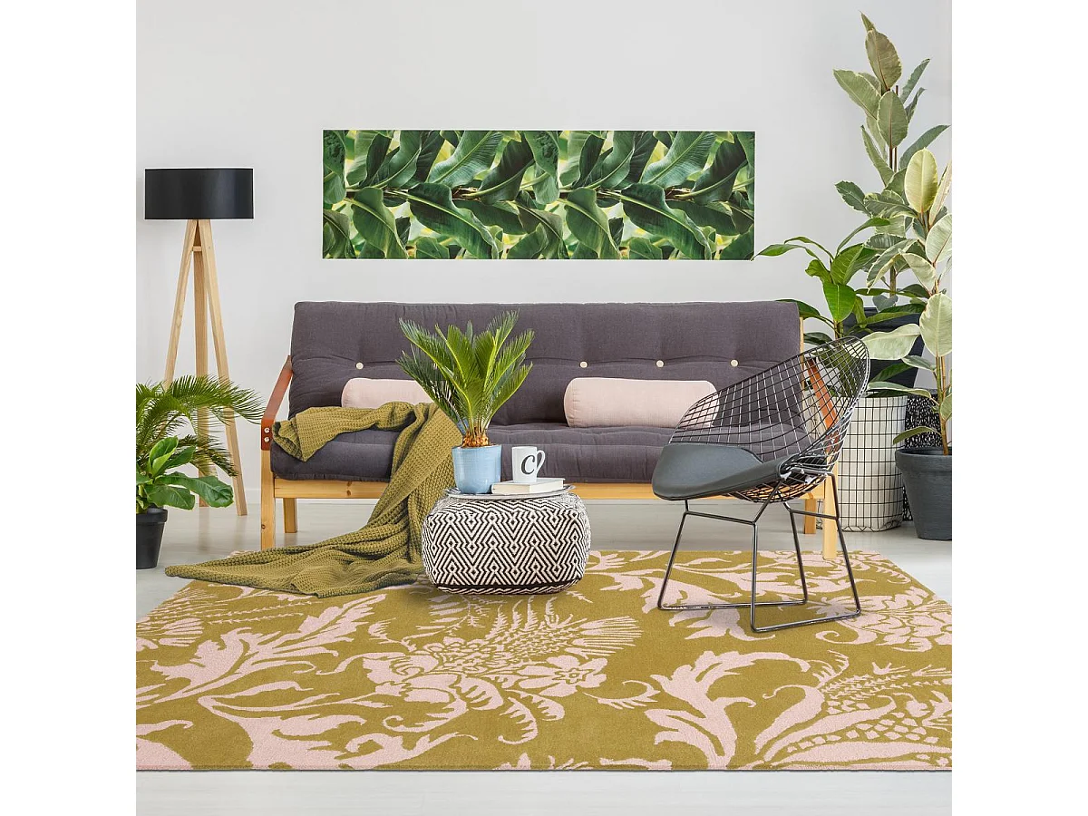 tapis chambre 170x240 fait à la main en laine jaune rectangle motif floral