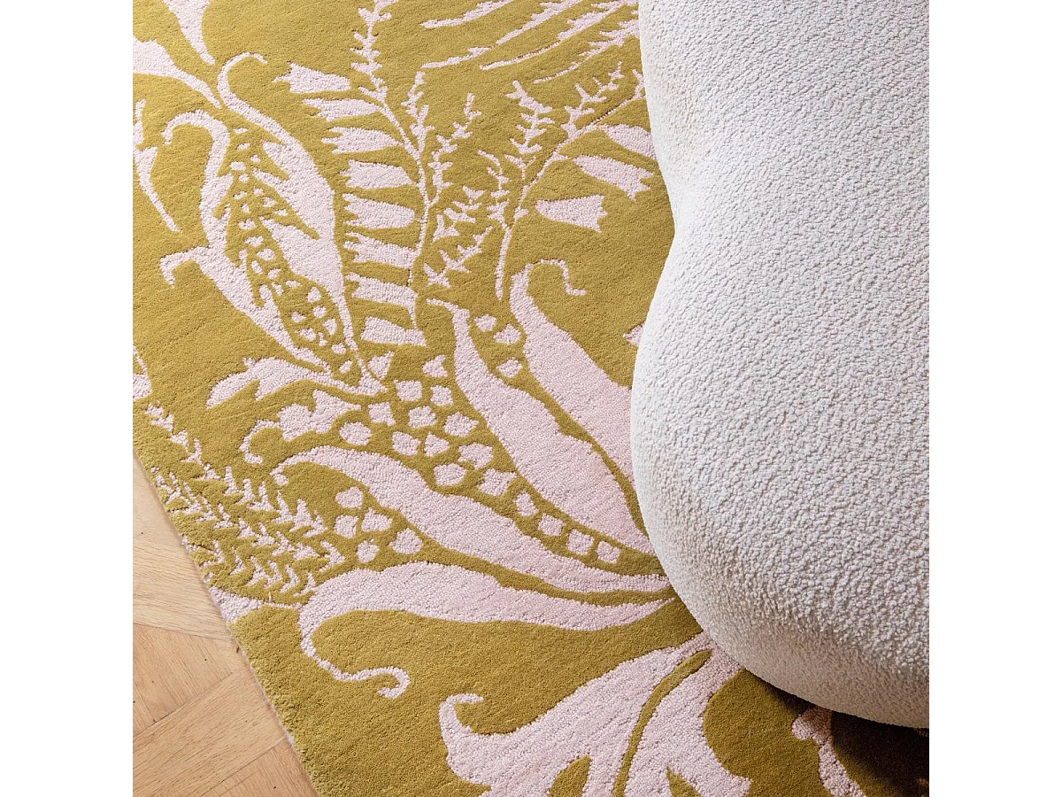 tapis chambre 170x240 fait à la main en laine jaune rectangle motif floral