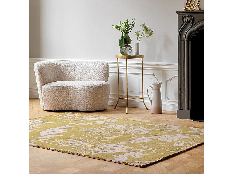tapis chambre 170x240 fait à la main en laine jaune rectangle motif floral