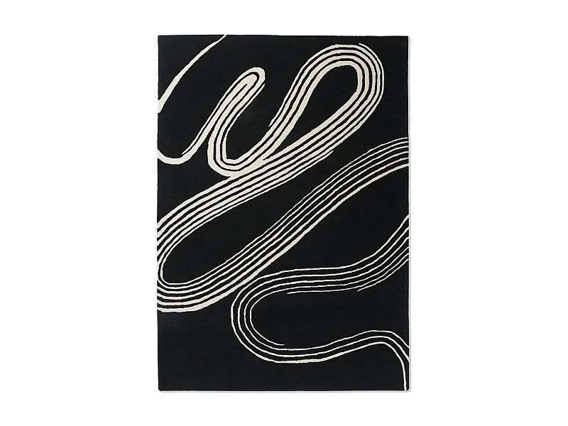 tapis bibliothèque 200x280 fait main en laine noir et blanc motif géométrique