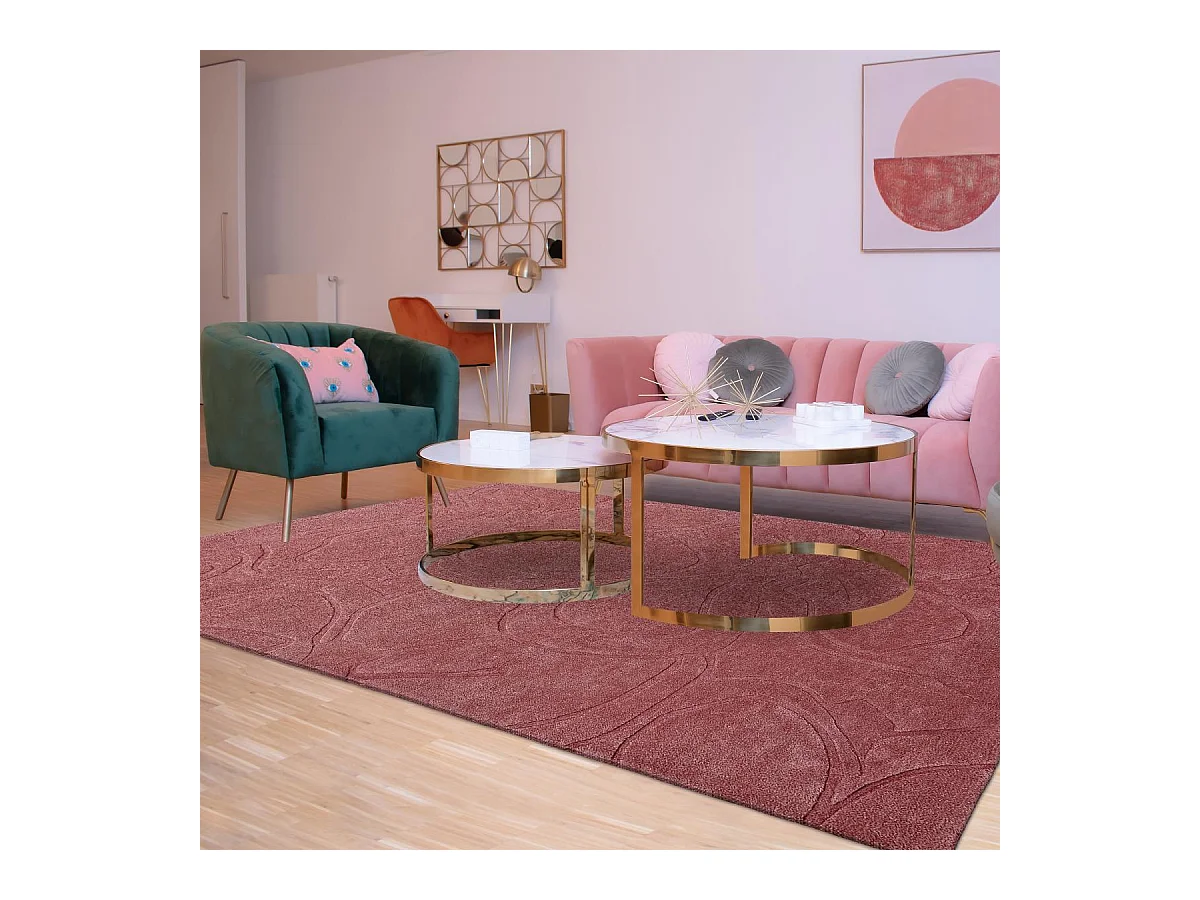 tapis chambre 170x240 fait à la main en laine rose rectangle motif faux uni