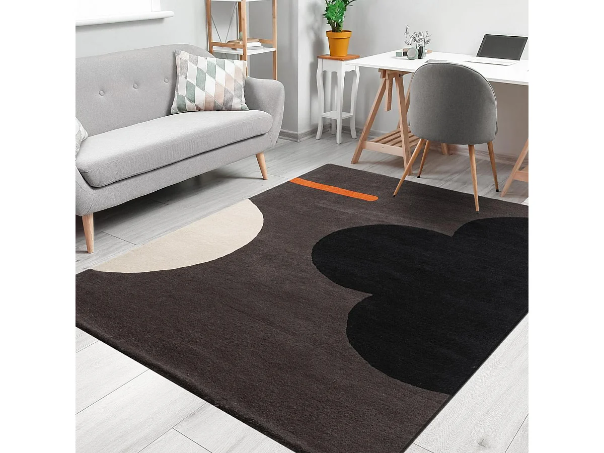 tapis salon 200x280 fait à la main en laine noir et gris motif seventies