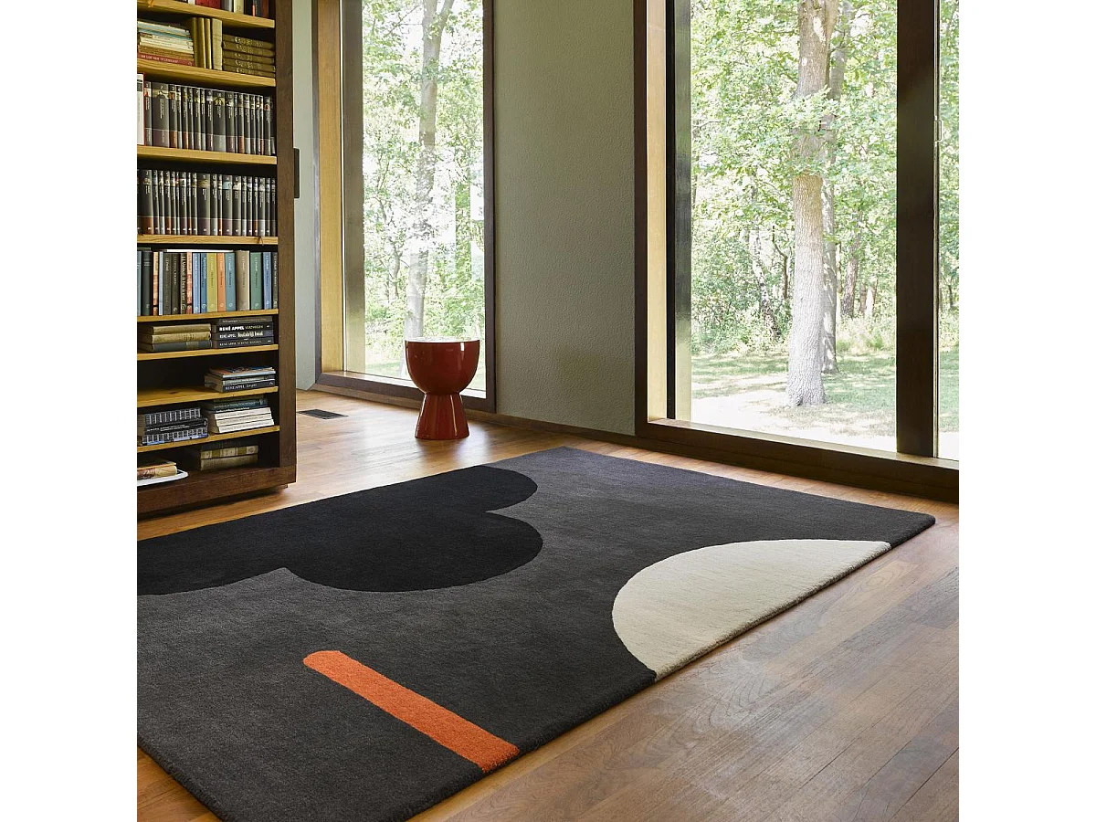 tapis salon 200x280 fait à la main en laine noir et gris motif seventies