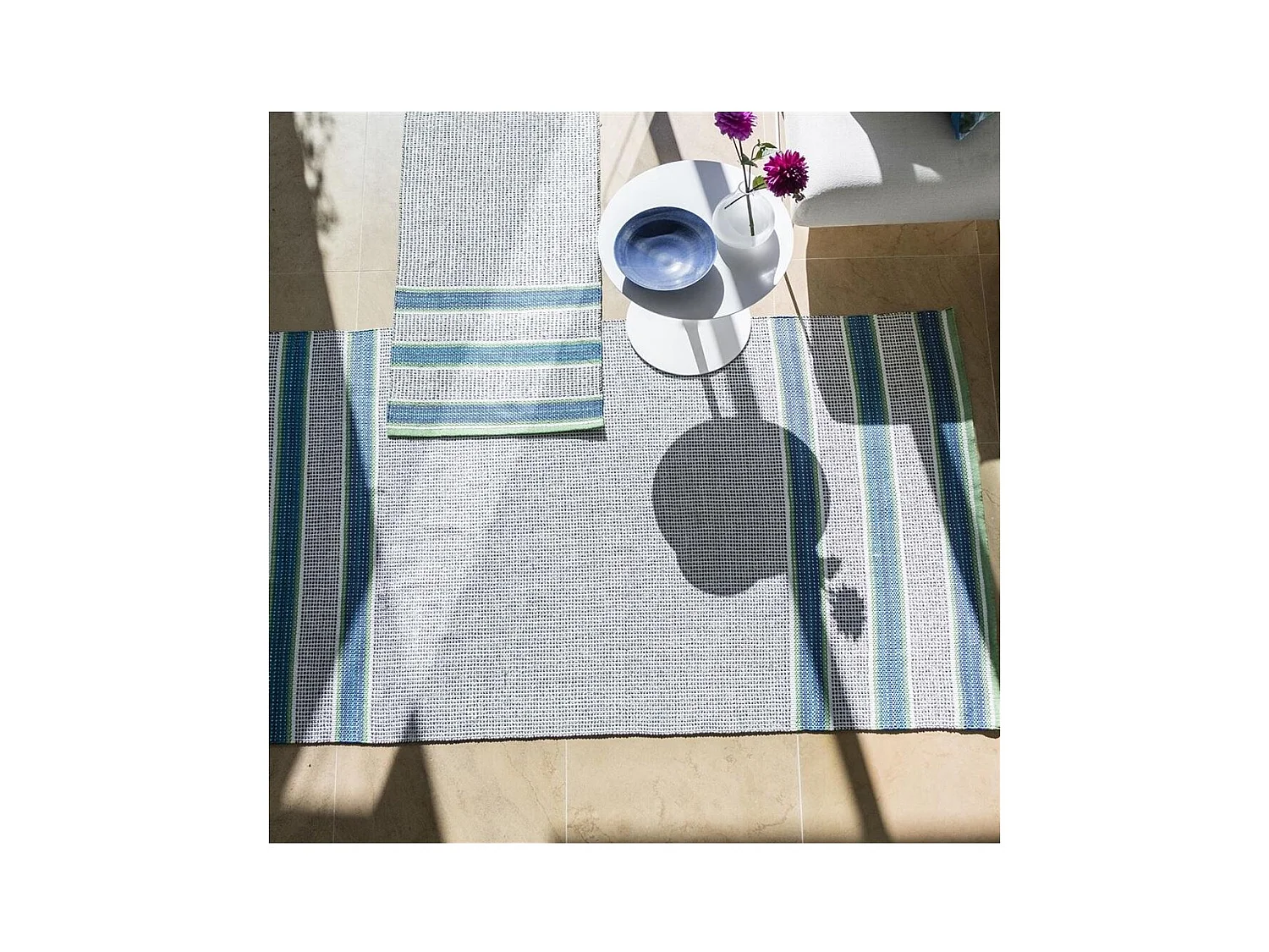 tapis de couloir 75x250 fait à la main bleu et gris motif géométrique POMPANO