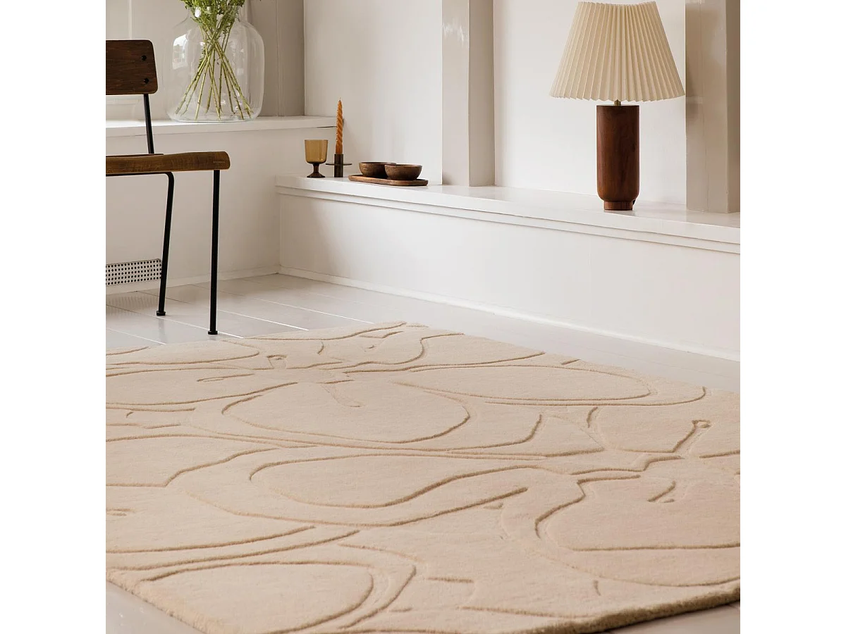 tapis grand salon 250x350 fait à la main en laine crème motif faux uni