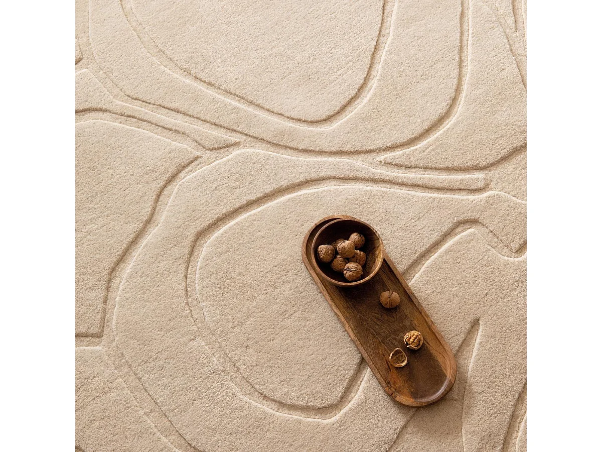 tapis grand salon 250x350 fait à la main en laine crème motif faux uni