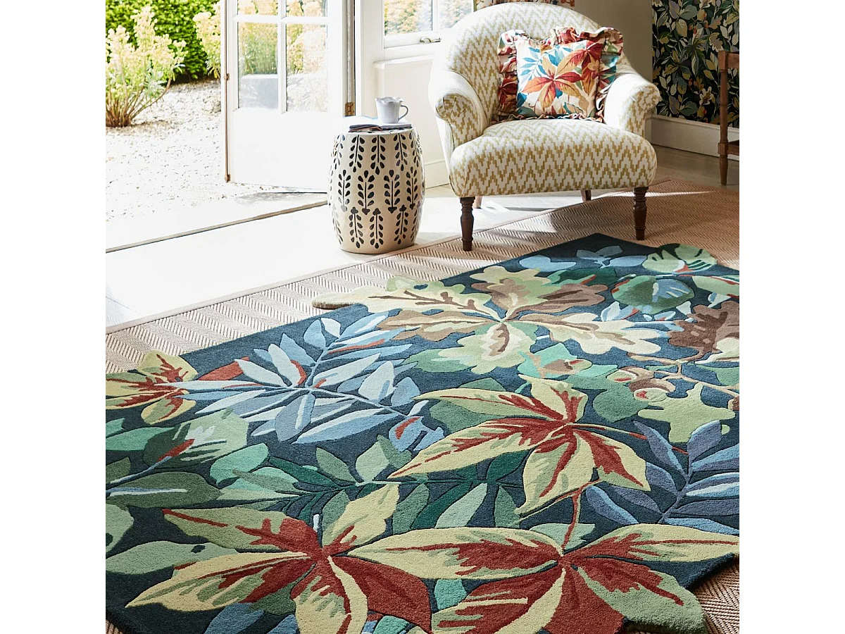 tapis chambre 160x230 fait main en laine vert et bleu rectangle motif floral