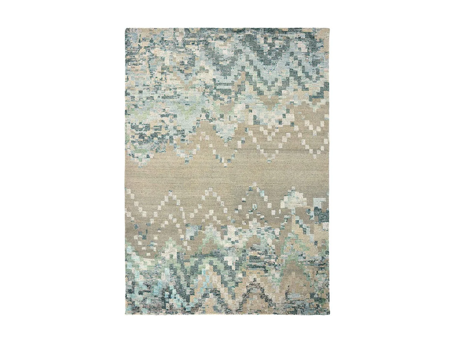 tapis salle à manger 250x350 tissé en laine beige et bleu motif abstrait