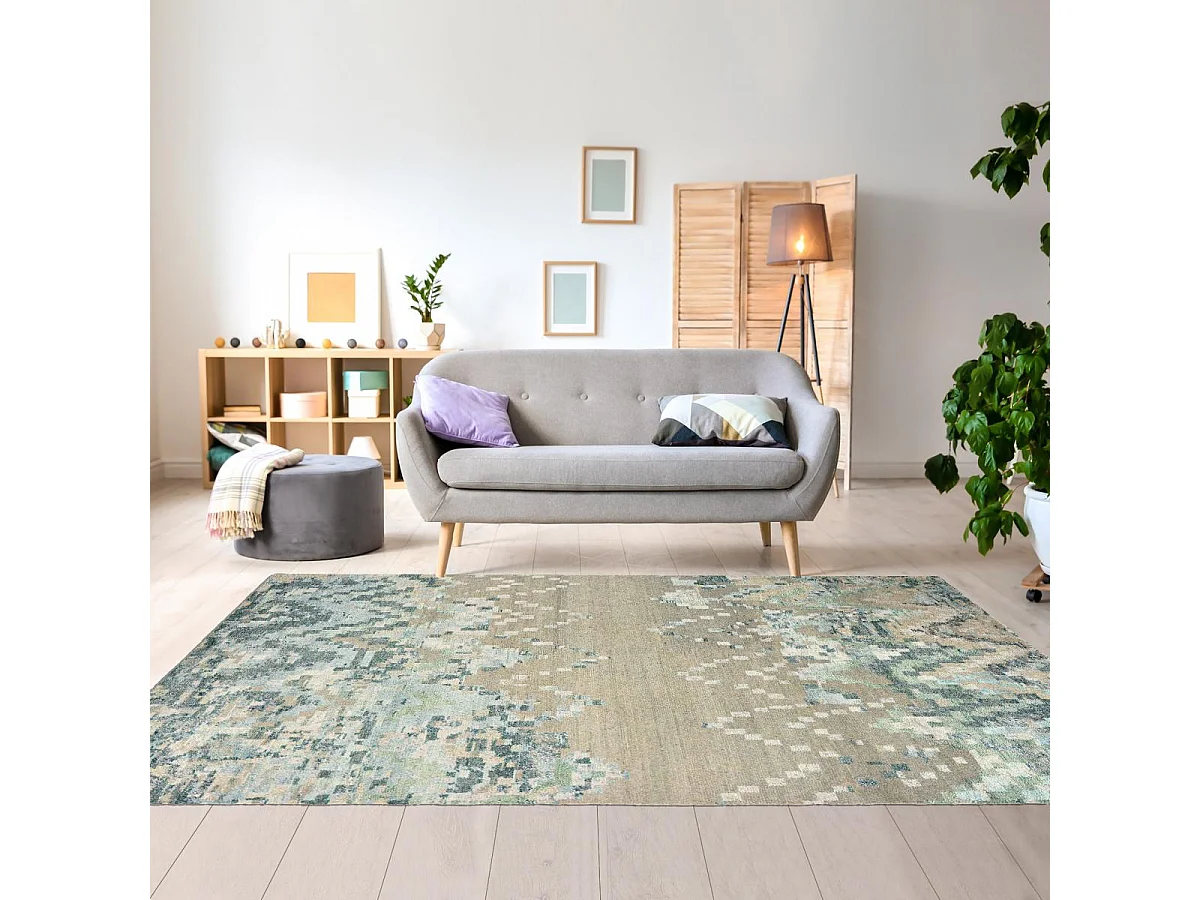 tapis salle à manger 250x350 tissé en laine beige et bleu motif abstrait