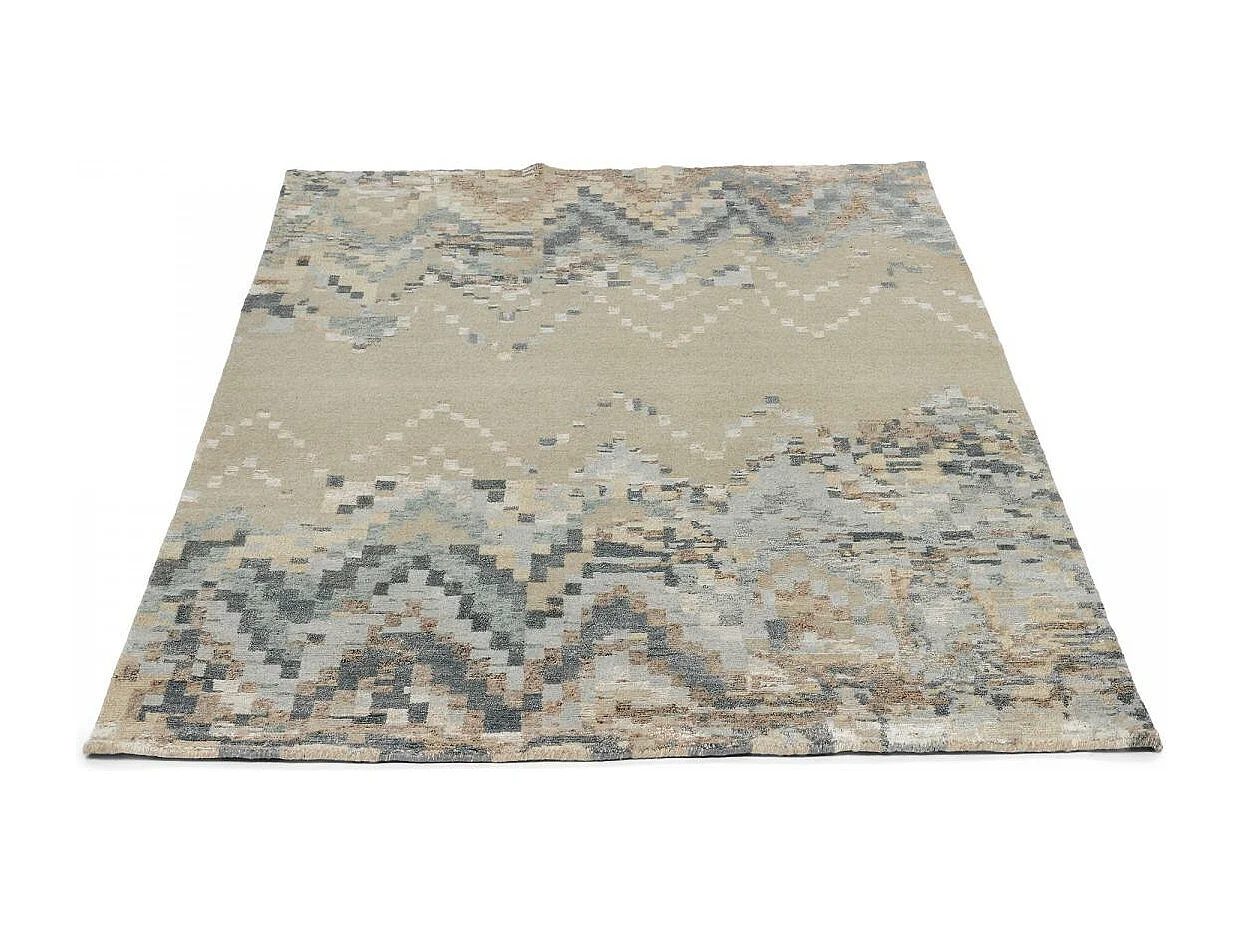 tapis salle à manger 250x350 tissé en laine beige et bleu motif abstrait