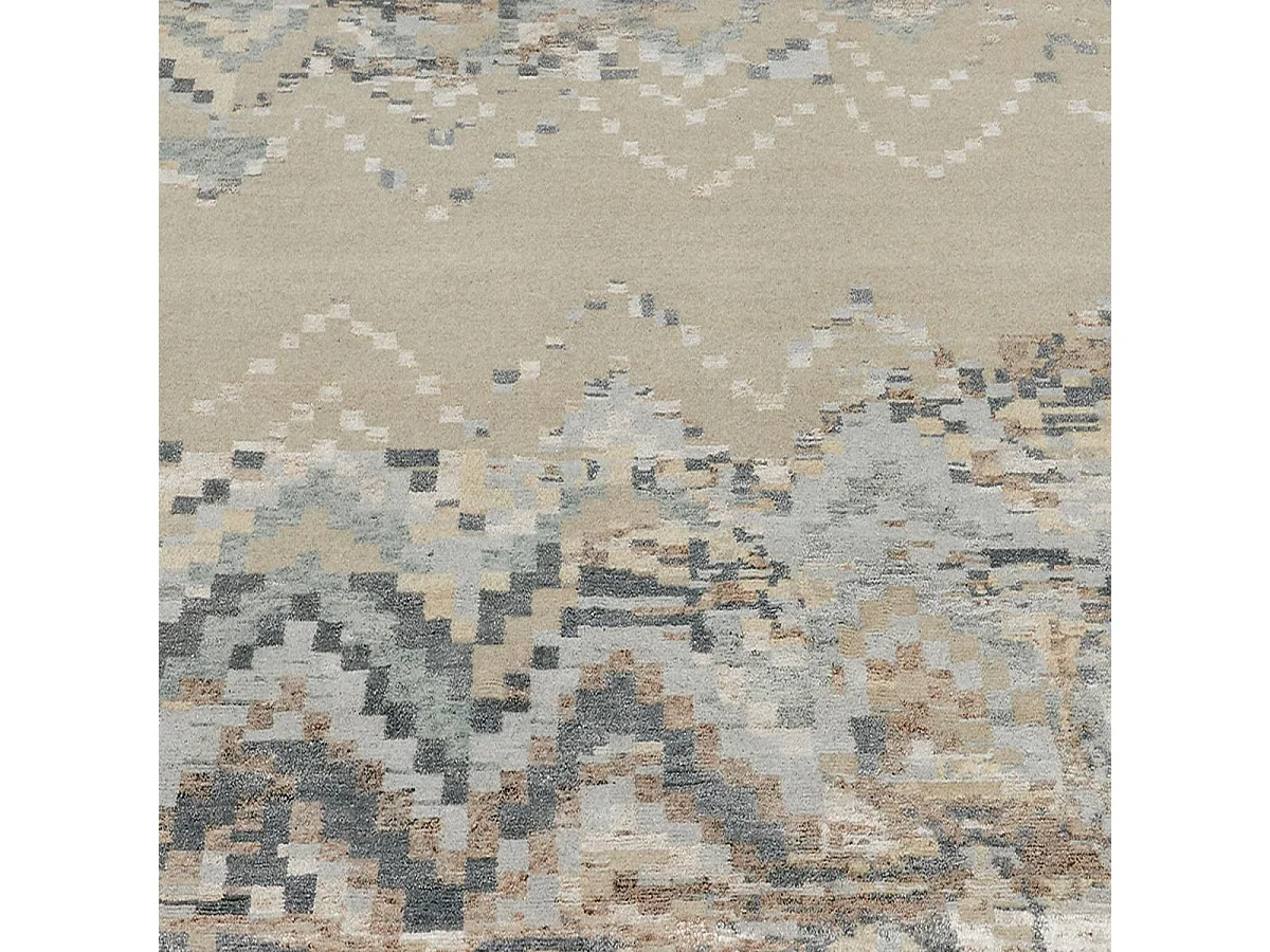 tapis salle à manger 250x350 tissé en laine beige et bleu motif abstrait