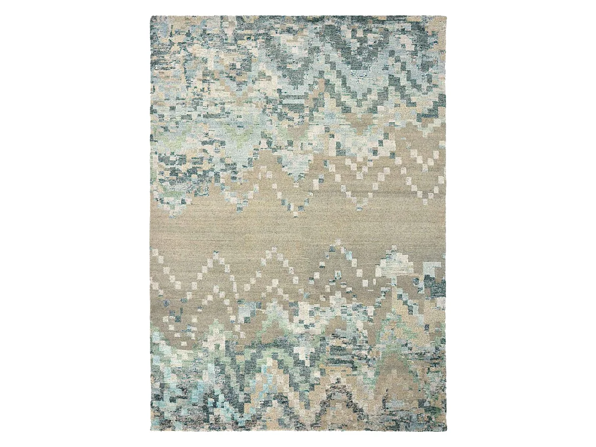 tapis salle à manger 250x350 tissé en laine beige et bleu motif abstrait