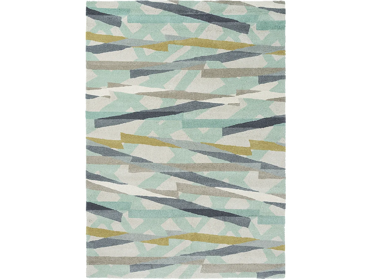 tapis salon 200x280 fait à la main en laine gris et vert motif géométrique