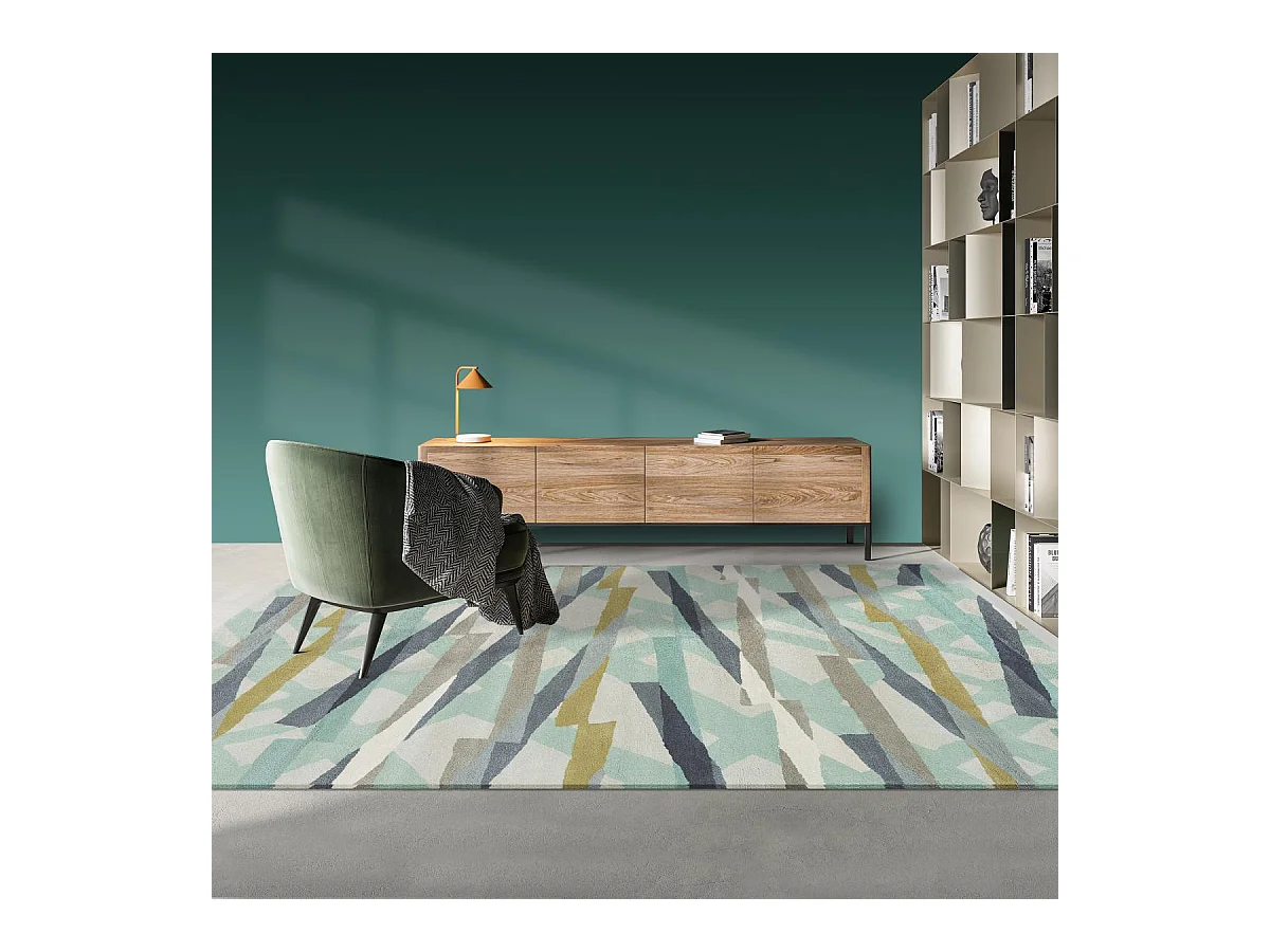 tapis salon 200x280 fait à la main en laine gris et vert motif géométrique