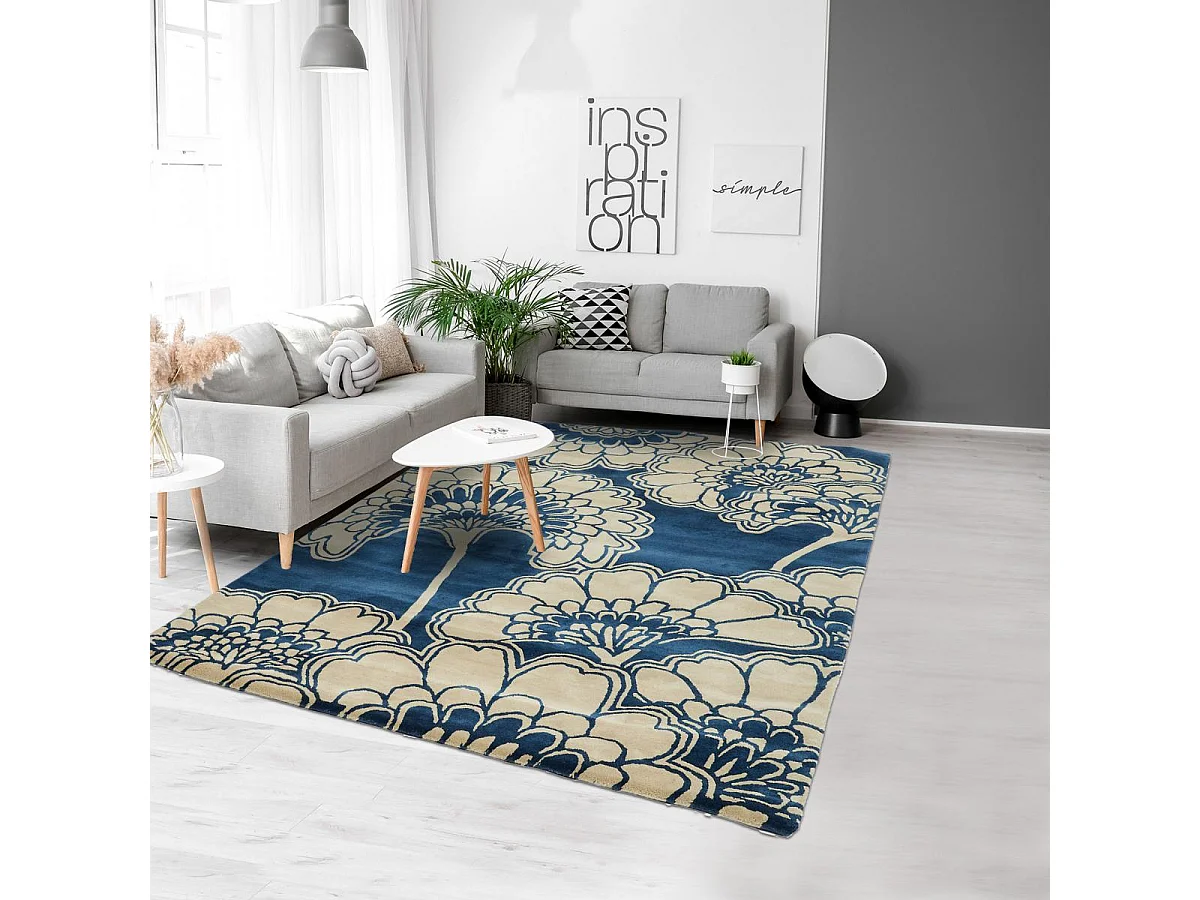 tapis chambre 170x240 fait à la main en laine bleu rectangle motif floral