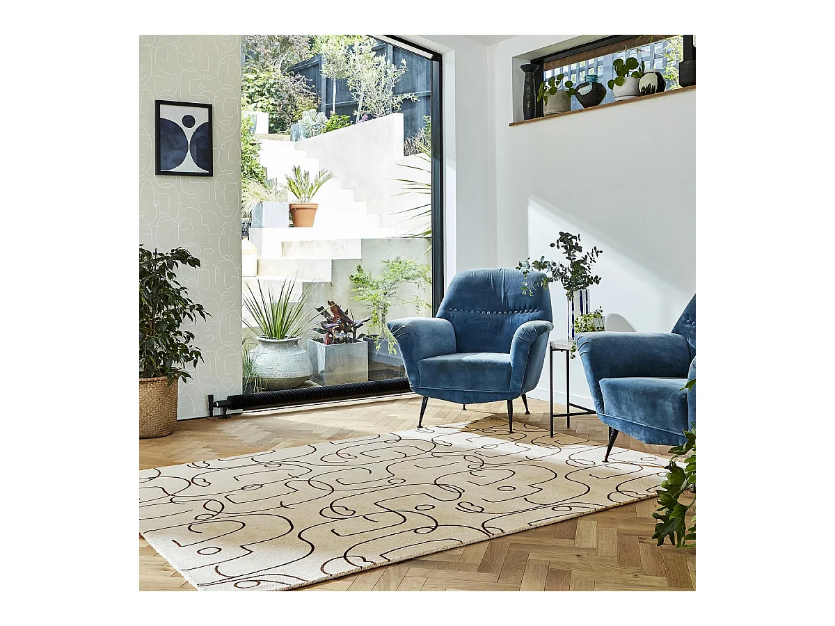 tapis chambre 160x230 fait à la main en laine beige rectangle motif abstrait