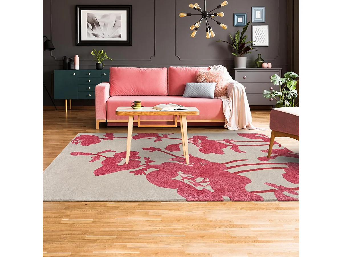 tapis open space 250x350 fait à la main en laine gris et rouge motif floral