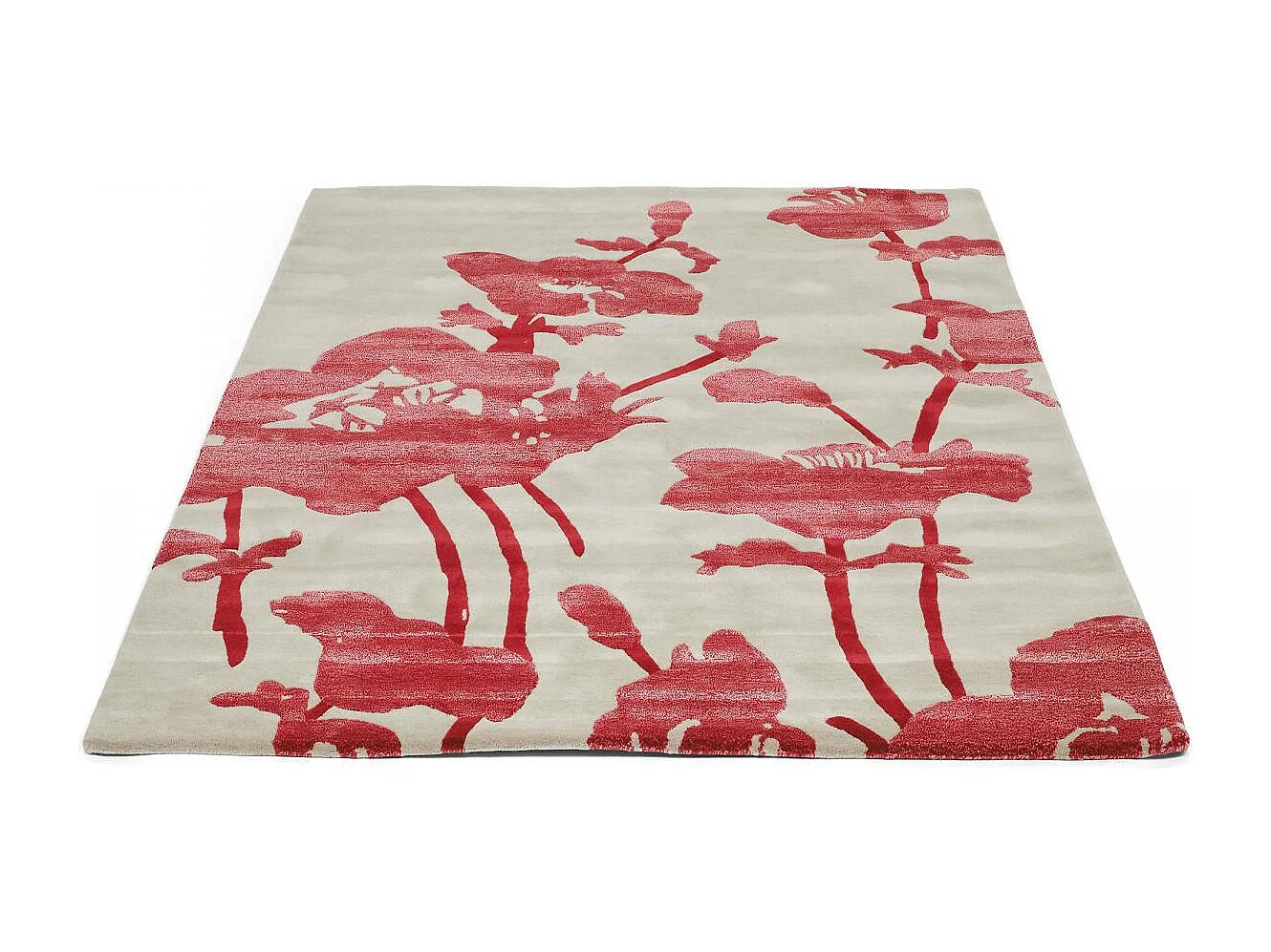 tapis open space 250x350 fait à la main en laine gris et rouge motif floral
