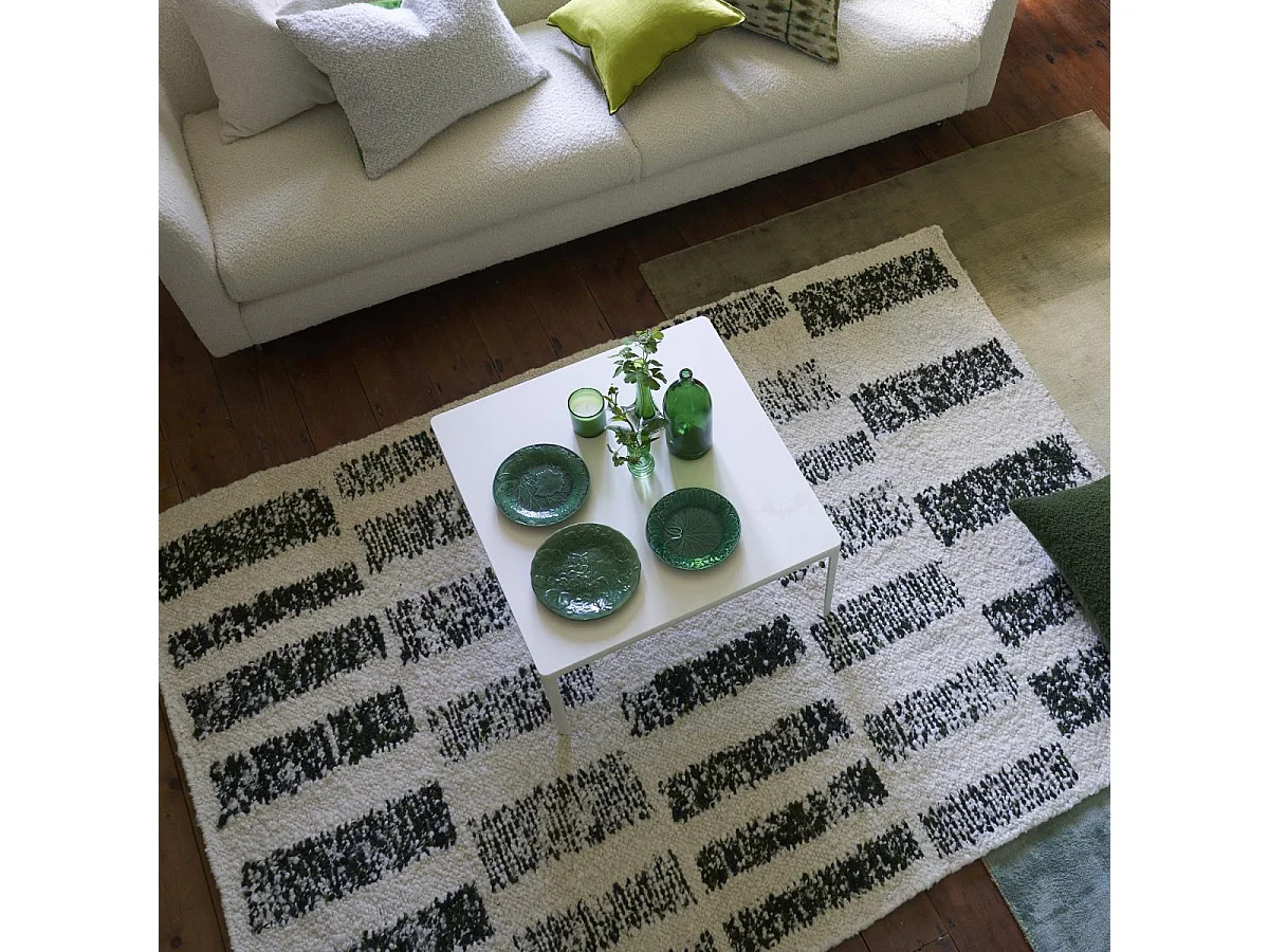 tapis salle à manger 200x300 fait main en laine beige et vert motif géométrique