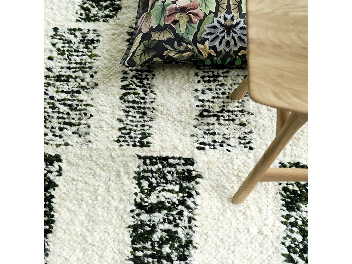 tapis salle à manger 200x300 fait main en laine beige et vert motif géométrique