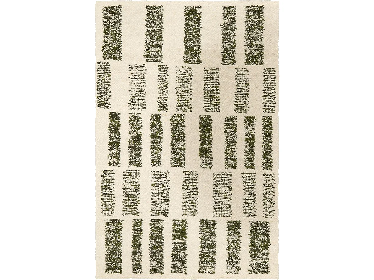 tapis salle à manger 200x300 fait main en laine beige et vert motif géométrique