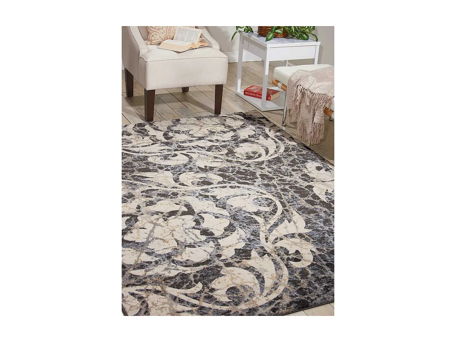tapis salon 120x180 tissé gris rectangle motif baroque MAIXU