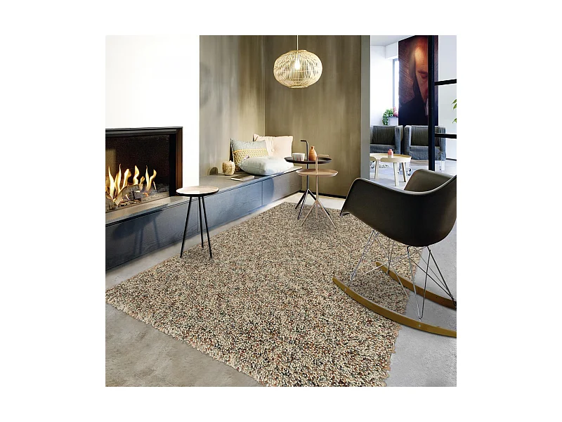 Tapis longs poils shaggy 200x280 rectangle tissé beige et gris en laine