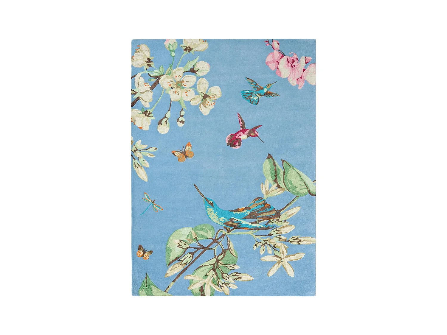 tapis chambre 120x180 fait à la main en laine bleu et rouge motif floral