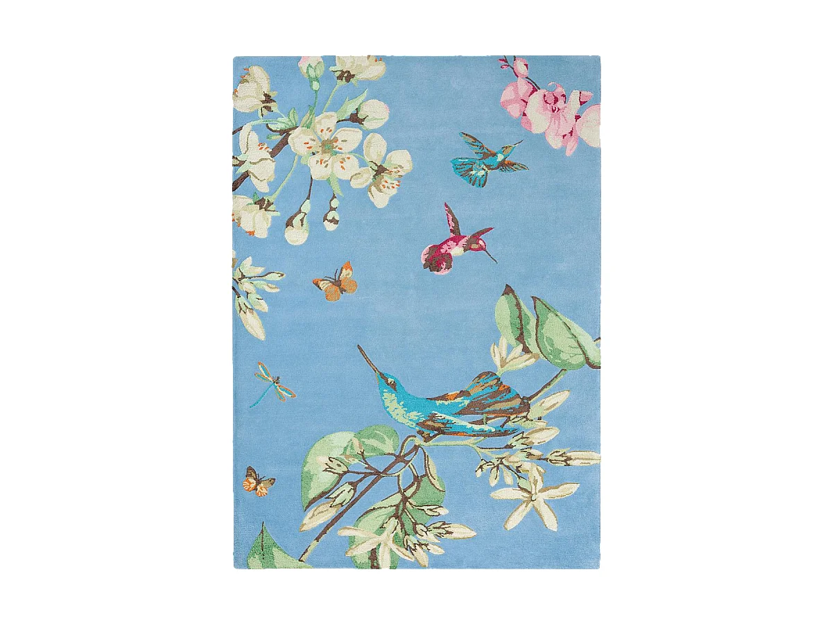 tapis chambre 120x180 fait à la main en laine bleu et rouge motif floral