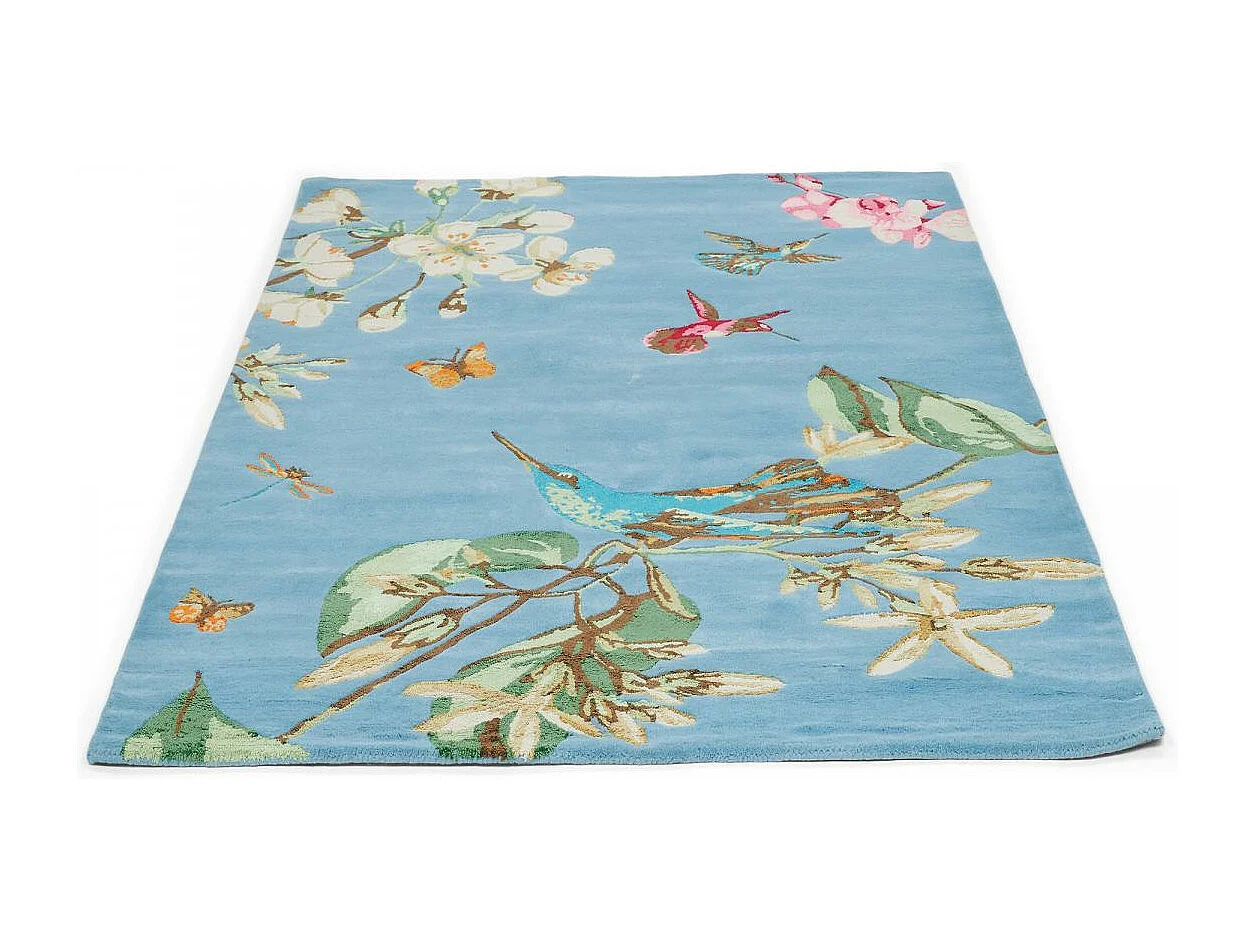 tapis chambre 120x180 fait à la main en laine bleu et rouge motif floral