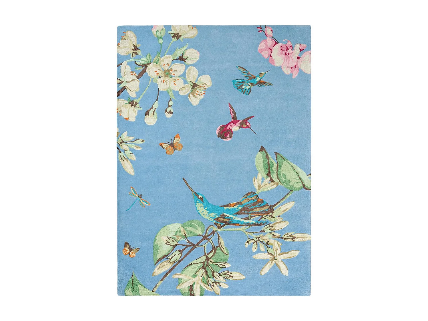 tapis chambre 120x180 fait à la main en laine bleu et rouge motif floral