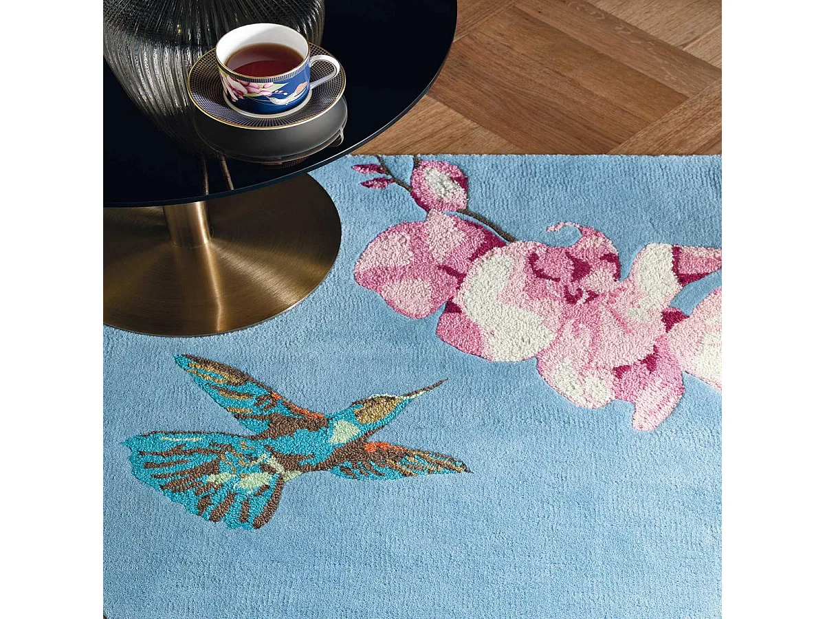 tapis chambre 120x180 fait à la main en laine bleu et rouge motif floral