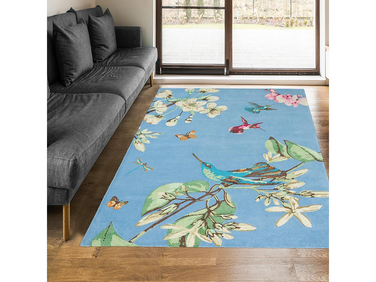 tapis chambre 120x180 fait à la main en laine bleu et rouge motif floral
