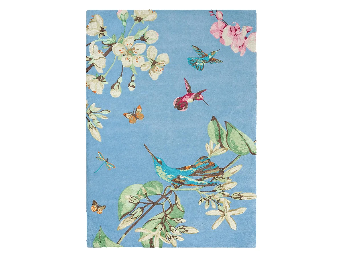 tapis chambre 120x180 fait à la main en laine bleu et rouge motif floral