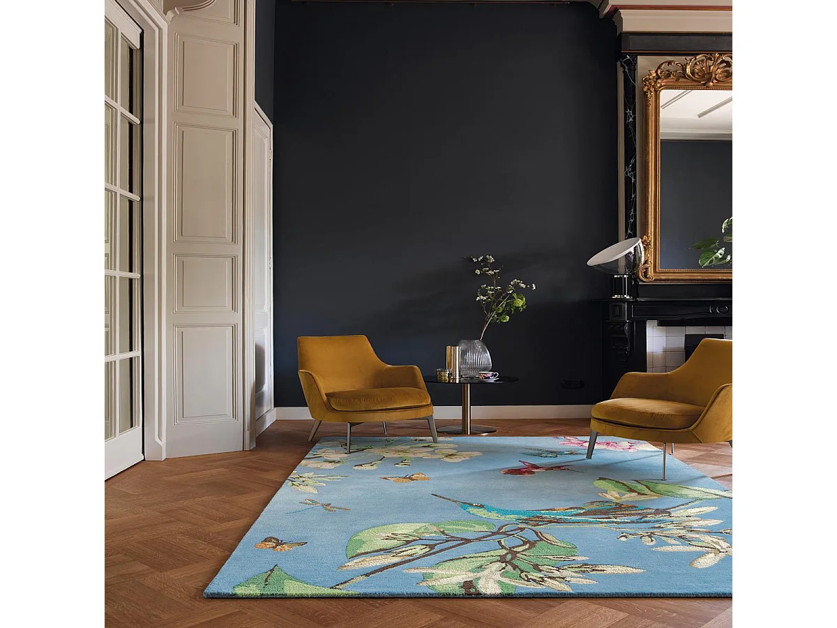 tapis chambre 120x180 fait à la main en laine bleu et rouge motif floral