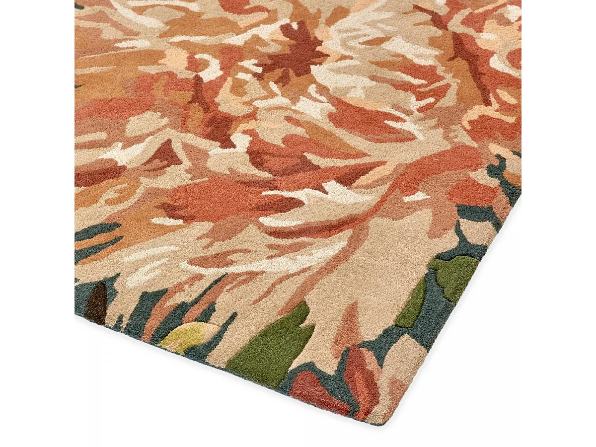 tapis chambre 170x240 fait à la main en laine vert et orange motif floral