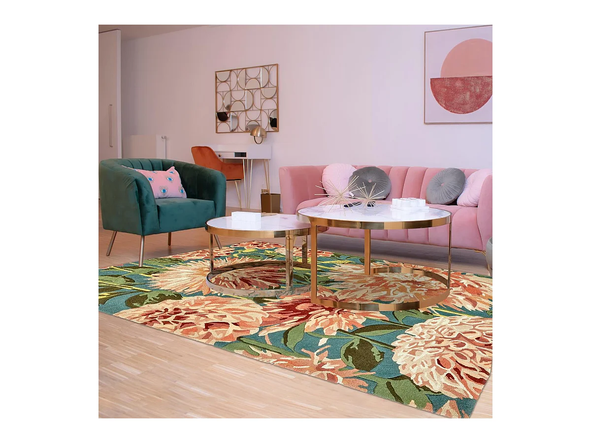 tapis chambre 170x240 fait à la main en laine vert et orange motif floral