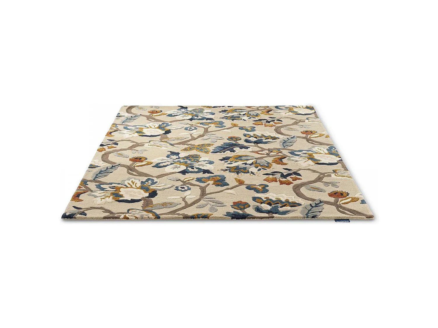 tapis entrée 140x200 fait à la main en laine beige et bleu motif floral