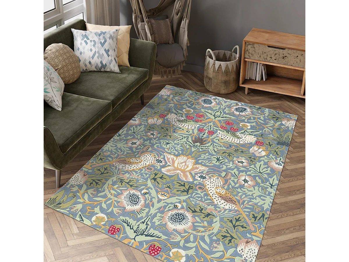 tapis salon 200x280 fait à la main en laine vert pastel rectangle motif floral