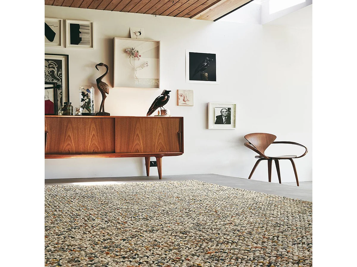 tapis salle à manger 250x350 tissé en laine beige et orange motif faux uni