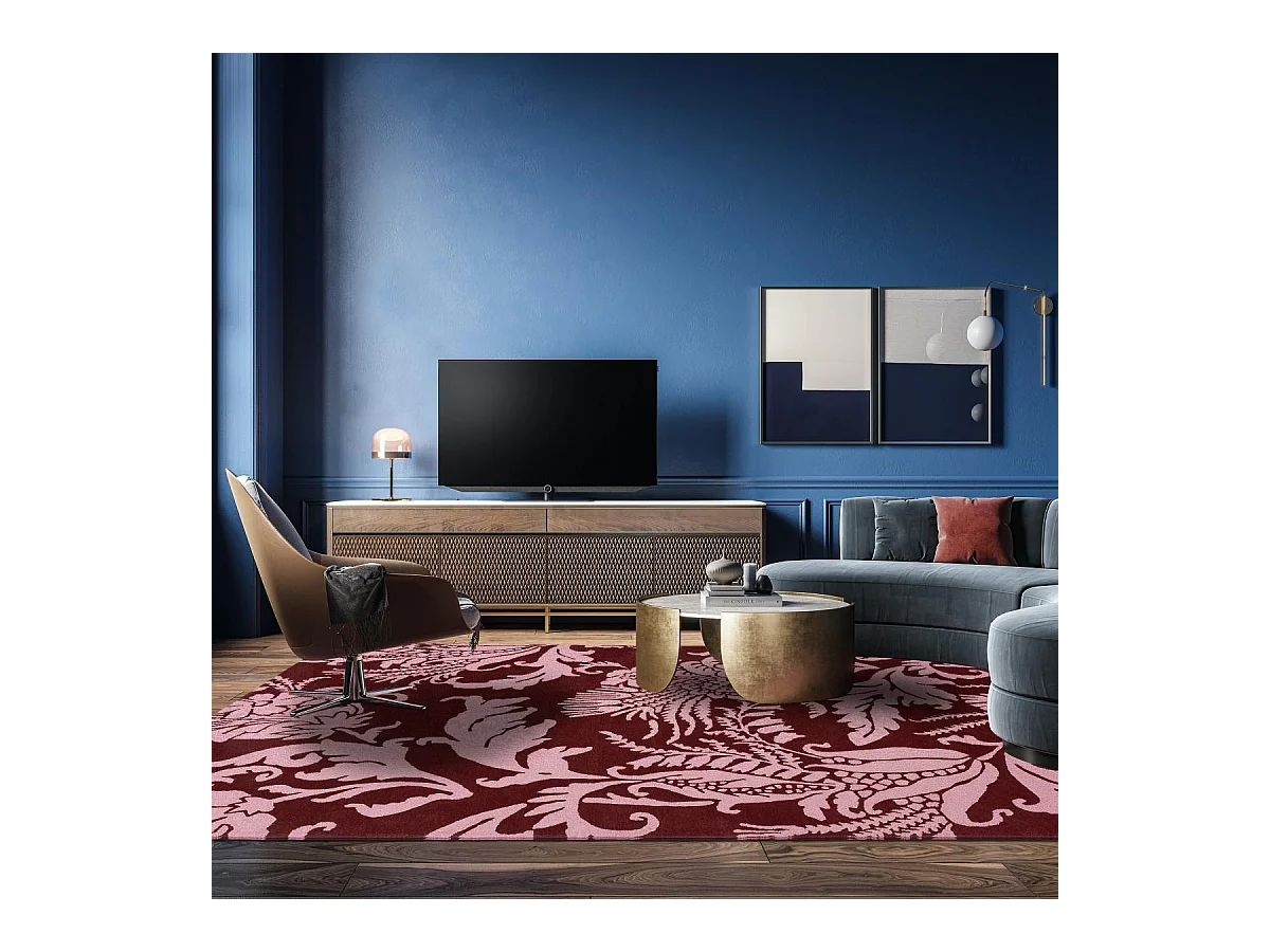 tapis chambre 200x280 fait à la main en laine bordeaux et rose motif floral