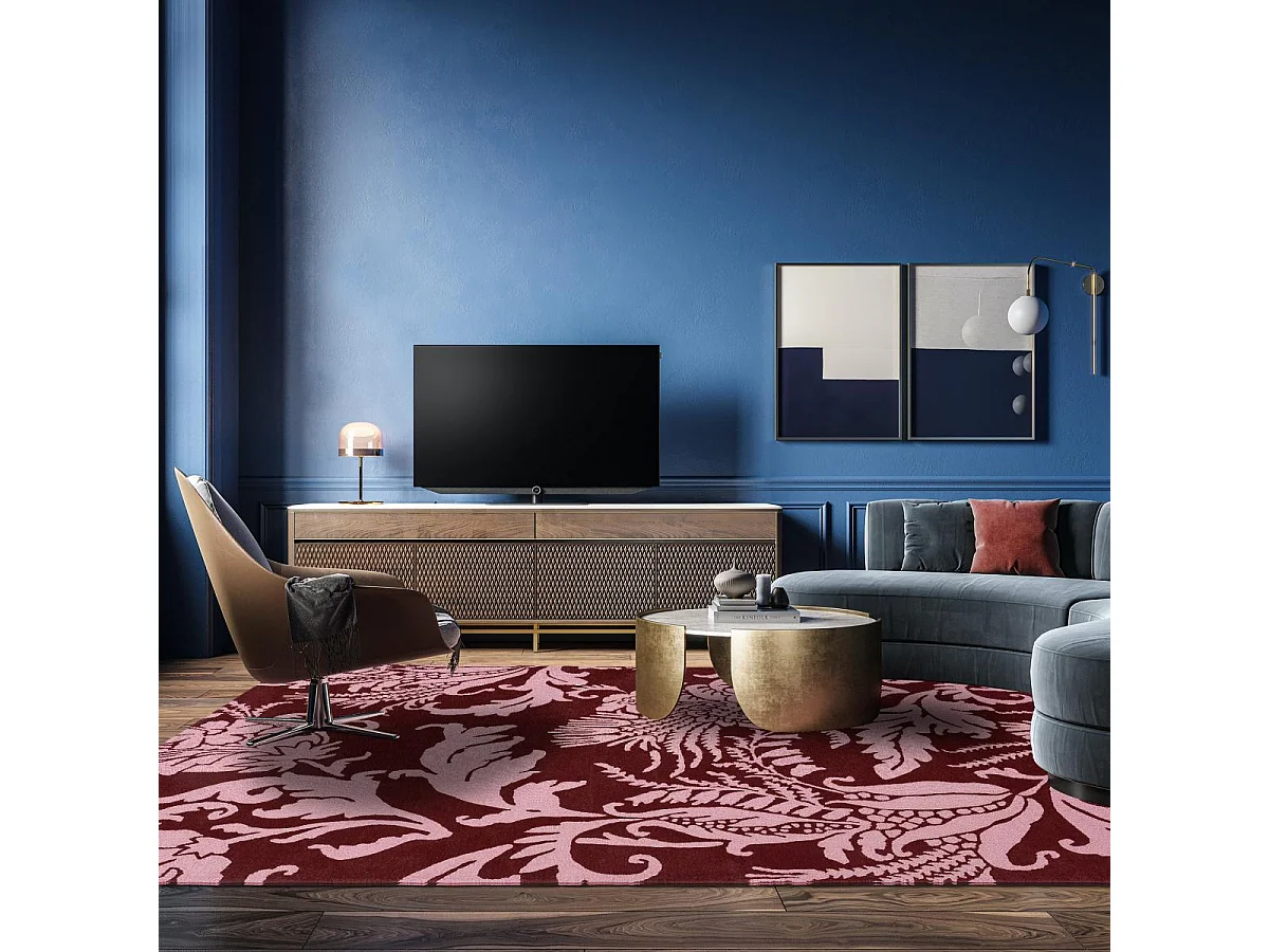 tapis chambre 200x280 fait à la main en laine bordeaux et rose motif floral