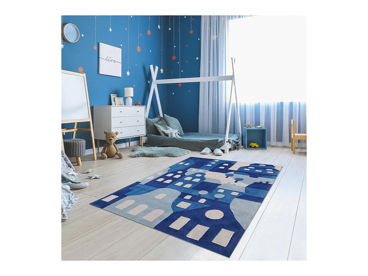 Tapis enfant 140x200 fait main en acrylique bleu et blanc AMSTARDAM