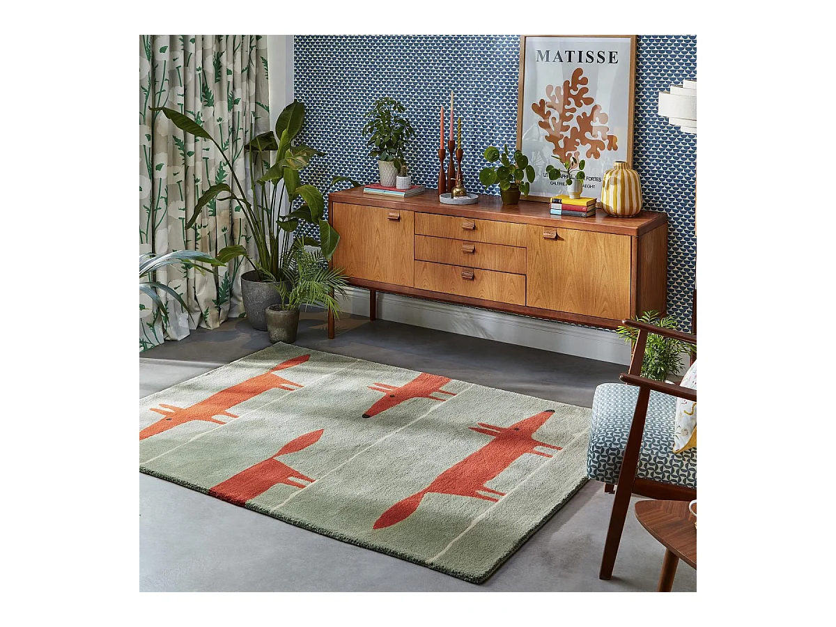 Tapis enfant 140x200 fait à la main en laine vert pastel et rouge MR FOX