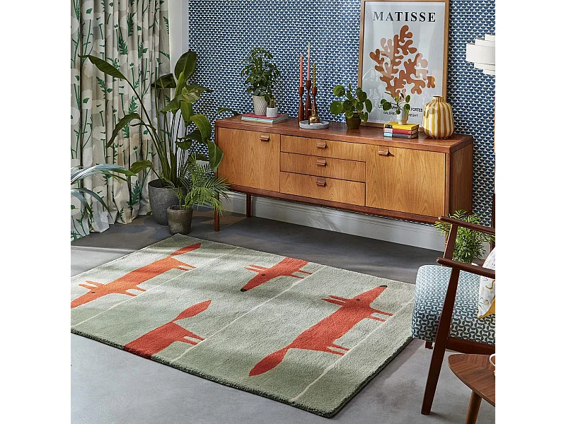 Tapis enfant 140x200 fait à la main en laine vert pastel et rouge MR FOX