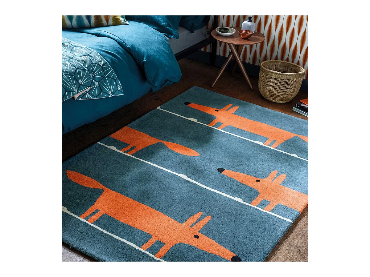 Tapis enfant 140x200 fait à la main en laine bleu et orange MR FOX